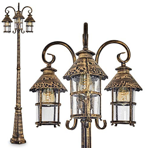 Außenleuchte Tolep, Kandelaber in antikem Look, Metall in Braun/Gold, mit Echtglas-Scheiben, 3-armige Wegeleuchte 220 cm, Retro/Vintage Gartenlampe, E27-Fassung, IP44, ohne Leuchtmittel