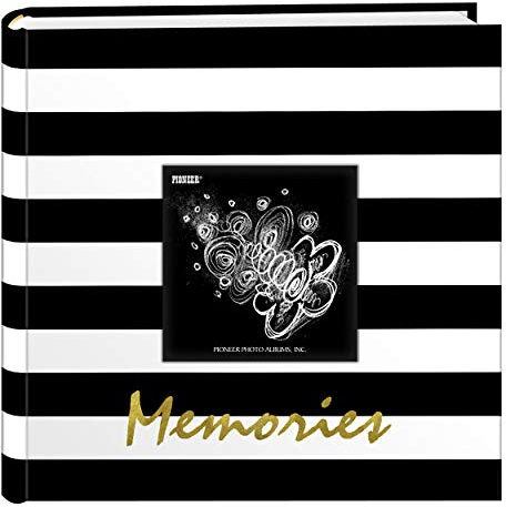 Pioneer Photo Albums Golden Memories Black and White Striped 200 pkt 4x6 Photo Album, Pocket, Gold