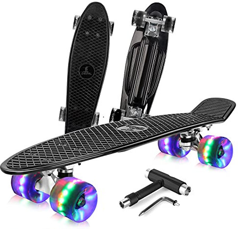 BELEEV Kinder Skateboard 22 Zoll mit LED Leuchtrollen Wheels, Komplette Mini Cruiser Skateboard für Kinder Jugendliche Erwachsene, LED Leuchtrollen mit All-in-one Skate T-Tool für Anfänger
