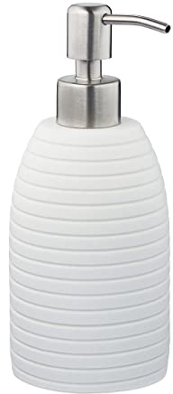 Relaxdays Seifenspender, 300 ml, nachfüllbar, Bad, WC, Küche, Flüssigseifenspender, Polyresin, Edelstahlpumpe, weiß