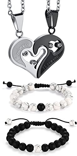 Flongo Pararmband halsband set rep armband armband partnerarmband hänge halsband med gravyr hjärta pussel partnerkedjor, Sten Rostfritt stål