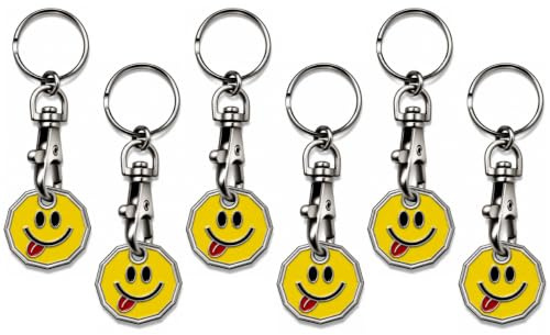 Craft 4 You Pack of 6 x Shopping Trolley Token UK Keyring £1 Coin Shape Pound Tokens Key Ring for Supermarkets Locker Gym (6 x Smiley Tongue)