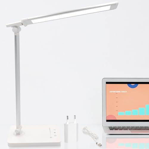 Qualore Lámpara Escritorio, Flexo Led Escritorio con 5 Niveles de Brillo y 5 Modos, Carga USB-C, Temporizador, Cuidado Ojos, Función de Memoria, Control Táctil, Luz Nocturna Mesita Studiar Infantil