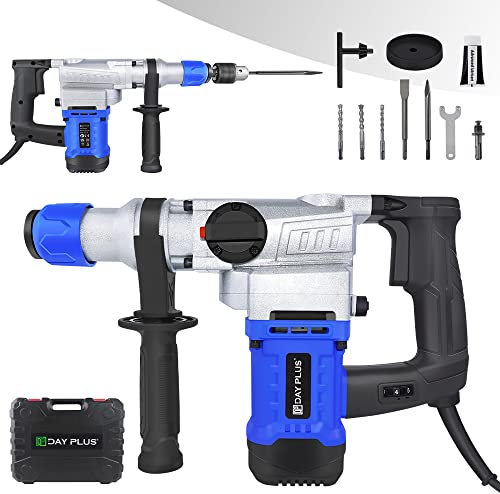 Corded Rotary Hammer Drill 1500W SDS Hammer Drill with Multi-positional Side Handle, 4-Functions Heavy Duty SDS Plus Rotary Hammer Drilling, Including Drill Bits, Flat Chisels, Point Chisels