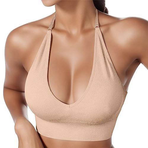 Damen Neckholder Sport BH Rückenfrei Tiefer V Ausschinitt Sport Bustier Gepolstert Sexy Gym Push Up Ohne Bügel Bra Crop Top Backless Verstellbare Träger Damen Ärmellos Sport BH Gym Bra Tank (Beige, M)
