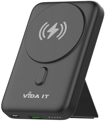 Vida IT Trådlös Magnetisk Powerbank 10000mAh Snabbladdning för Mobil Med Stativ Externt Batteri för iPhone 15/14/13 Pro Max Plus Samsung Android Sony Xperia Portabel Laddare USB Typ C Wireless Qi 15W