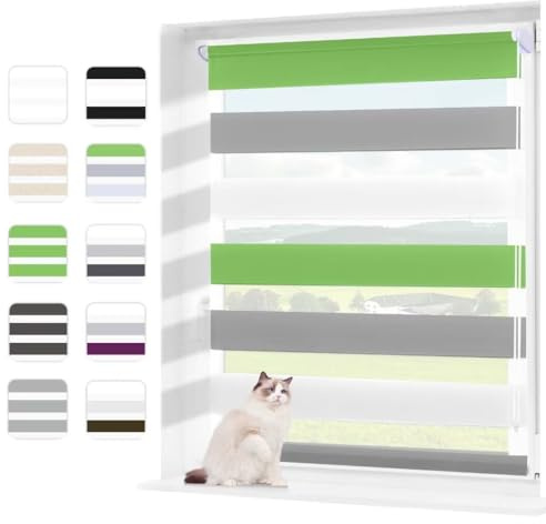 Wudomi Doppelrollo Klemmfix ohne Bohren Grün-Grau-Weiß 90x210cm(BxH),Lichtdurchlässig und Verdunkelnd Duo Rollo,Klemmrollo Seitenzugrollo für Schlafzimmer, Badezimmer, Wohnzimmer Fenster und Tür
