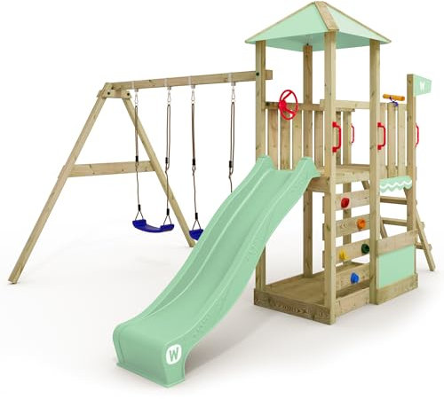 WICKEY Spielturm Klettergerüst Smart Savana mit Schaukel & pastellgrüner Rutsche, Outdoor Kinder Kletterturm mit Sandkasten, Leiter & Spiel-Zubehör für den Garten