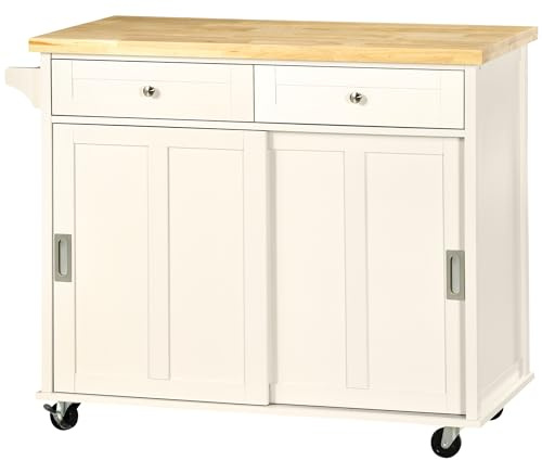 HOMCOM Carrito de Cocina Isla de Cocina Multifuncional con 4 Ruedas 2 Puertas Correderas 2 Cajones Estantes Ajustables y Barra de Colgar para Comedor Sala 110x49,5x89,5 cm Crema