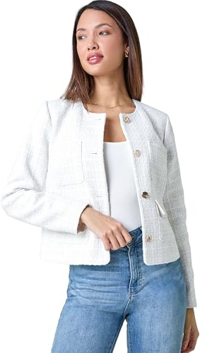 Roman Originals Collarless Cropped Boucle Jacket for Women UK - Ladies Everyday Holiday Spring Summer Edge to Edge Opening Comfy Soft Evening Vacation Work Party