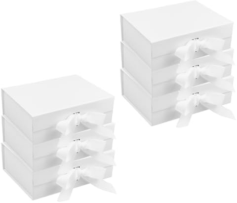 GJIE 6 Packs Gift Boxes with Lid for Presents,23x17x7 cm,with Ribbon and Magnetic, Gift Box Large Closure for Christmas, Hanukkah, Fathers Day, Weddings, Birthdays, Grooms Gifts (White, 6 Pack)