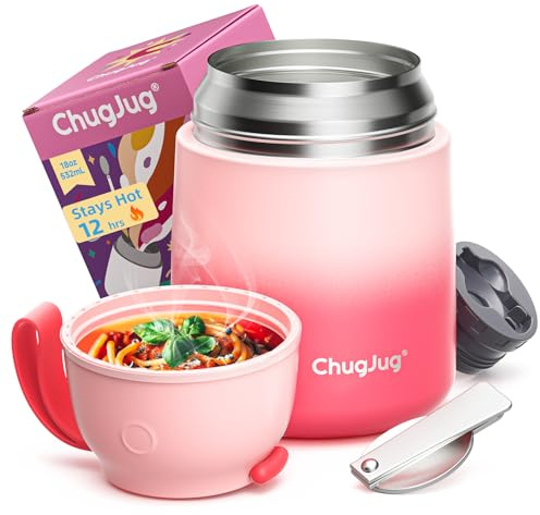 ChugJug Thermo for Hot Food for Adults Kids | Wide Mouth, 18 oz Insulated Food Jar with Spoon, Leakproof Soup Thermo for School Office Travel, Thermal Steel Lunch Container Easy to Carry (Pink)