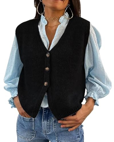 Felcia Knitted Waistcoats for Women V-Neck Button Down Lightweight Cardigan Sweater Sleeveless Cropped Tank Tops Gilet Outerwear (C-Black, S)