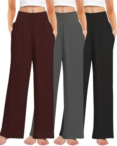Kivdol 3PACK Women's Casual Loose Wide Leg Cozy Pants Yoga High Waisted Sweatpants Comfy Lounge Pants with Pants with Pockets