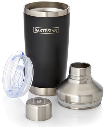 Bartesian Insulated CocktailShaker - Double Walled Vacuum Insulated Home Bar Shaker with Built-In Strainer & Drinking Lids