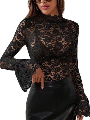 Women's Long Sleeve Lace Mesh Tops High Neck Sheer Blouse Sexy Floral Going Out Top, Black, XXL
