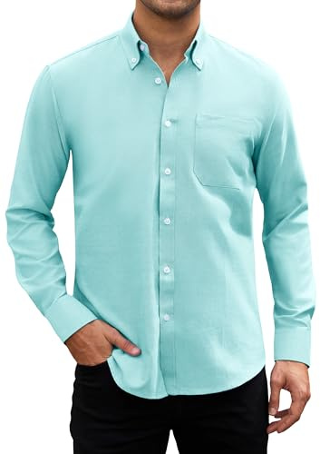HISDERN Mens Long Sleeve Shirts Lake Blue Oxford Casual Smart Shirt for Men Wedding Formal Shirt with Pocket Regular S