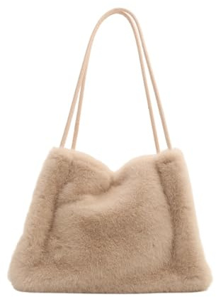 JTKSSCS Fluffig väska kvinnor axelväska topphandtag väska kvinna höst vinter handväska mjuk plysch tygväska mångsidiga shoppingväskor, Khaki, En storlek
