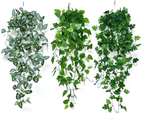 3 plantas artificiales colgantes, plantas artificiales colgantes, 100 cm, hiedra falsa, plantas artificiales, vid, plantas verdes, plantas de balcón, plantas de plástico para interior y exterior