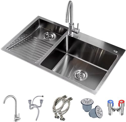 GLMGBP Lavabos de baño OM con Tabla de Lavar, Fregadero Grande de Acero Inoxidable 304, Fregadero de Cocina Multifuncional con Grifo de Curva Grande y desagüe (Color: Plateado, tamaño: 80 x 48 x 21