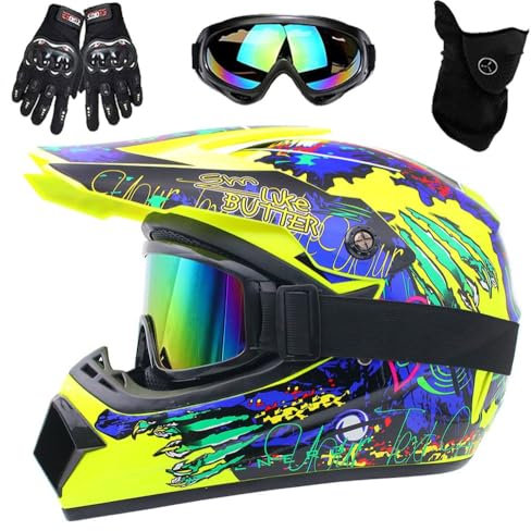 Motorradhelm, DOT-Zertifizierter Integralhelm für Dirtbikes, für Kinder, Jugendliche und Erwachsene, Motocross-Helm Mit Maske, Schutzbrille und Handschuhen(Yellow Claw,S(52-53cm))