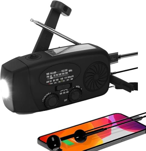 Solar Emergency Hand Crank Weather Radio, Portable Hand Crank Dynamo, AM/FM Radios with Power Bank & SOS Alarm LED Flashlight for Camping, Hiking & Home Emergency Use (Black)