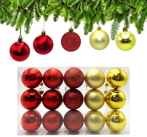Lot de 15 Boule de Noel pour Sapin de Noël Ø 6cm, Boules de Noel en Plastique, Decoration Noël Sapin avec Cordon de Suspension, pour Décoration de Fête Mariage Anniversaire (Rouge et Doré)