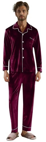 Generisch Pigiama da uomo in velluto, a maniche lunghe, con bottoni, scollo a V, in due pezzi, in morbido pile invernale, classico loungewear, Colore: rosso, XXL