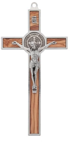 SHALOM - Crocifisso San Benedetto in Legno D'ulivo E Metallo. Altezza 20 Cm