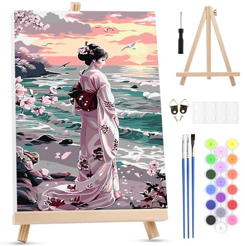 MXJSUA Pintar por Numeros Adultos con Marco, DIY Mujer Japonesa Cuadros para Colorear por Números Lienzos, Pintura Acrilica Manualidades Adulto Decoracion Hogar Pared, 20x30cm