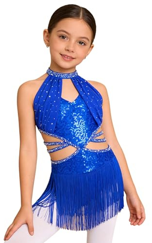TiaoBug Costume da Ballo Latino Americano Tango Bambina con Frange Paillettes Vestito da Danza Classica Moderna con Nappe Strass Abito da Pattinaggio Artistico Lucido Blu Reale 11-12 Anni