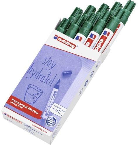 edding 3000 Permanentmarker - grün - 10 Stifte - Rund-Spitze 1,5-3 mm - schnell trocknender Permanent Marker - wasserfest, wischfest - für Karton, Kunststoff, Holz, Metall - Universalmarker
