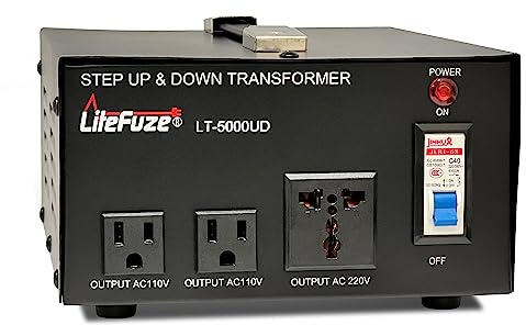 LiteFuze 5000 Watt Voltage Converter Transformer Step Up/Down - 110v to 220v / 220v to 110v Power Converter - Fully Grounded Cord - A Universal output Socket and two Type B USA output - CE Certified