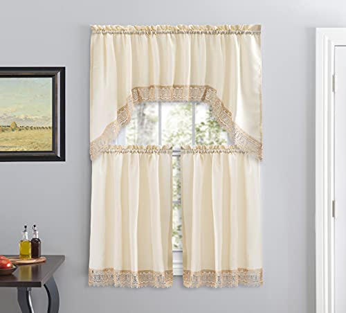 American Linen Café Curtains for Kitchen, Bathroom Curtains with Valance, Embroidered lace Border. (Beige)