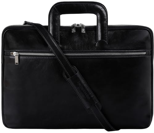 Time Resistance Schlanke Aktentasche aus Leder – Handgefertigte Italienische Computertasche aus Leder – Laptoptasche (Schwarz)