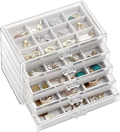 ProCase Earring Holder Organizer Jewelry Box with 5 Drawers, Acrylic Clear Earring Case with Adjustable Velvet Trays for Women - Grey, 5 Layers