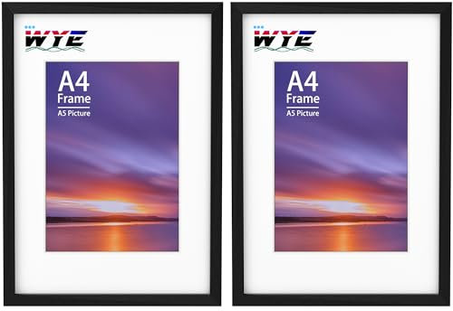 wyewye A4 Frame Wooden Set of 2, A4 Photo Frames with A5 Mount, A4 Picture Frames with Stand Tabletop or Wall Hanging, A4 Black Frame Poster Frame with Plexiglass Window, Black