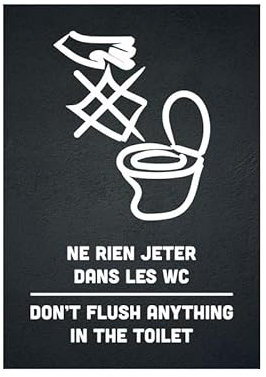 Panneau PVC NE RIEN JETER DANS LES WC - DON'T FLUSH ANYTHING IN THE TOILET noir format A6