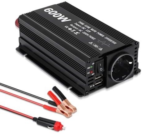 600W Wechselrichter 12V auf 230V Spannungswandler Reiner Sinus Stromumwandler Inverter Auto Zigaretten Adapter Konverter mit 2 USB-Anschluss, Laden Sie Ihr Laptop, Mobiltelefon, Tablette, Kamera