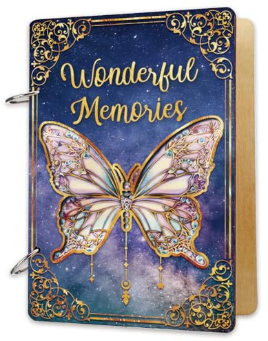 SUPERDANT Wooden Card Keeper Memory Book Loose Leaf Binder Greeting Card Postcard Photo Album 2-Rings Cover 3D Butterfly Wonderful Memories Birthday Reminder Calendar Holder Organizer Card Keepsake