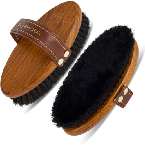Equimour Spazzola lucidante – spazzola per cavalli con setole in crine e anima in lana | Manico in legno con cinturino in pelle vegana | Cura delicata, rimozione polvere e manto brillante