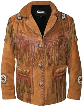 Rumble Products Veste western de cowboy traditionnelle pour homme | Cuir suédé amérindien | Style avec perles et franges, marron, 4X-Large
