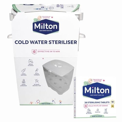 MiltonBaby Cold Water Steriliser & Sterilising 28 Tablets, Desinfecting Antiseptic Unit, Holds 6 Feeding Baby Bottles with Welari Thank You Card | (1pack)
