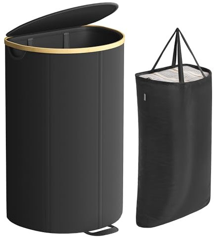 SONGMICS Panier à Linge, Corbeille à Linge Sale, 90 Litres, avec Couvercle, Sac Amovible, pour Buanderie, Chambre, Salon, Noir d’Encre et Beige Naturel LCB547B01