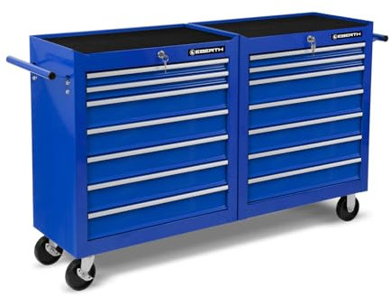 EBERTH Werkstattwagen Werkzeugwagen Leer, 14 Schubladen, aus Metall mit Doppelwand, Blau Pulverbeschichtet, 2 Lenkrollen mit Bremse, Griff zum Lenken, Montagewagen Rollbar für Kfz Werkstatt