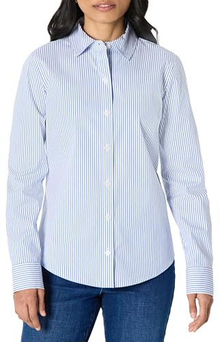 Amazon Essentials Camicia Elegante con Bottoni, in Popeline Elasticizzato Donna, Bianco Blu Mini Righe, M