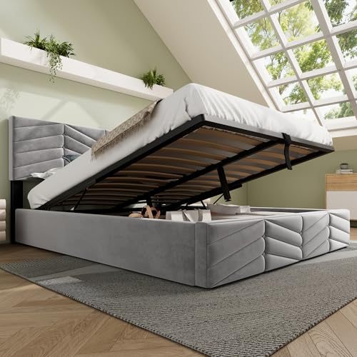 Oslghy Cama Tapizada 140x190 cm, Cama Matrimonio con Cabecero Regulable en Altura, Cama Doble Juvenil con Lamas de Madera, Estilo Rayas Bed Frame con Almacenamiento Hidráulico, Gris, Sin Colchón