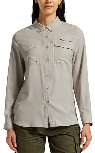 MoFiz Chemise Femmes Blouse Fonctionnelle UPF50+ Protection Solaire Manches Longues Randonnée pour la Pêche Les Safaris Kaki S