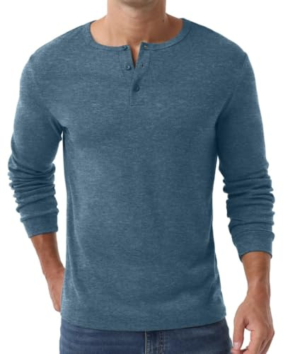 PrinStory Henley T-shirt för män långärmad pullover slim fit t-shirt v-ringad jumper topp med knapp