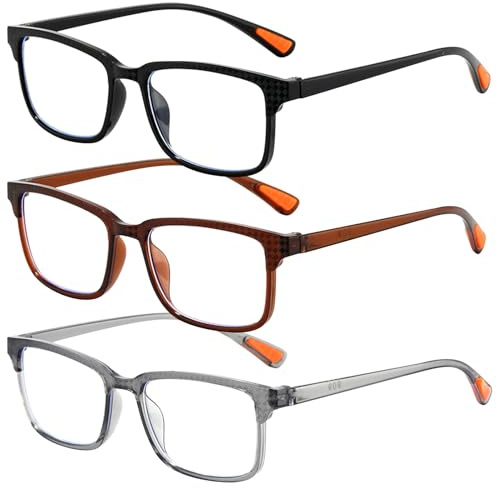 InfiniZer 3 Pack Reading Glasses for Men, Blue Light Blocking (415-455nm), Lightweight 11g Sporty Frame, Comfortable Unisex Readers (Black*Grey*Tea-Coloured, 1.5, Dioptres)